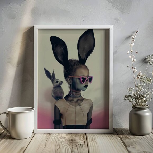 Original Goth Pink Bunny Art Print + Digital Copy, Girl With Bunny Ears - Picture 1 of 8